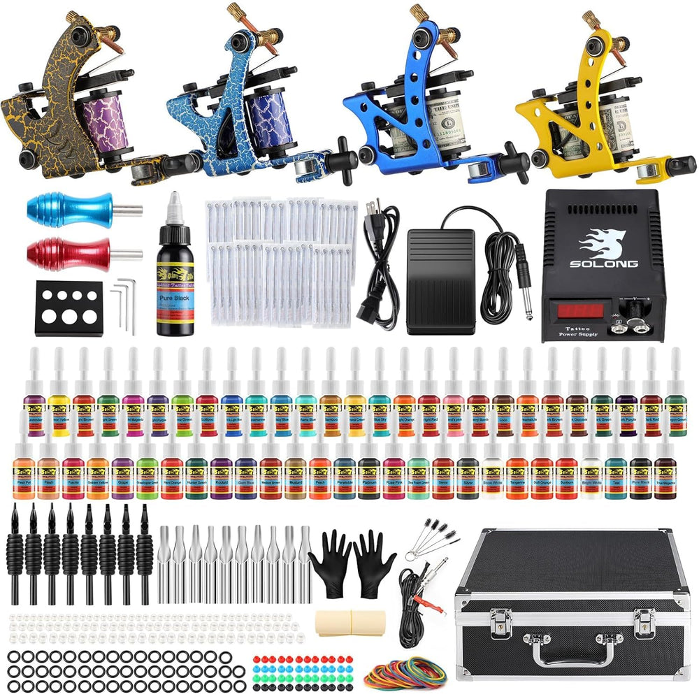 Solong Tattoo complete kit with four pro machines showcased for versatile tattooing