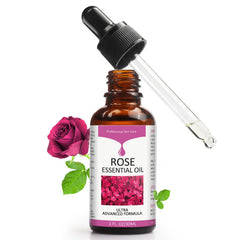 SOLOTREE Rose Essential Oil bottle close-up showing quick-absorbing hydration for smooth skin