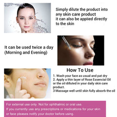 SOLOTREE Rose Essential Oil ingredients label highlights vitamins and hyaluronic acid