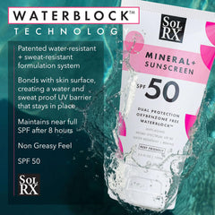 SolRX Mineral+ SPF 50 on face illustrates smooth, residue-free coverage