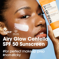 SOME BY MI V10 sunscreen packaging and pump highlighting lightweight, non-greasy feel