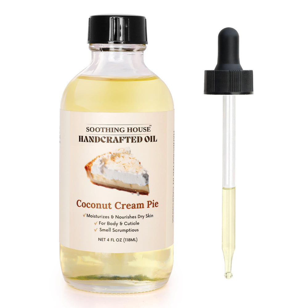 Soothing House Coconut Creme Pie Body Oil bottle showcases nourishing hydration for daily skin softness.