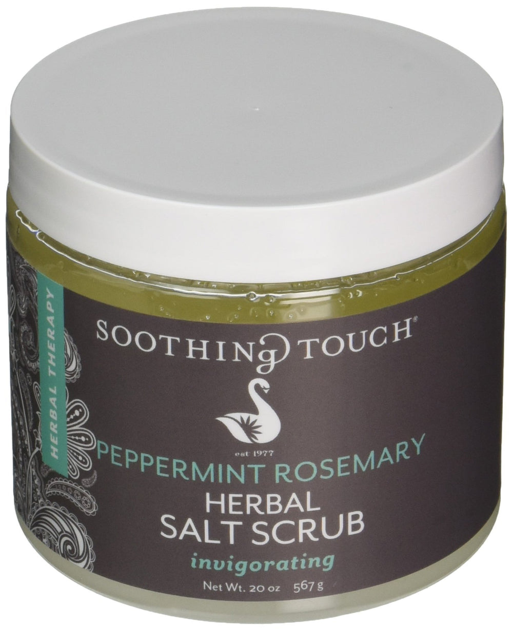 Soothing Touch Herbal Salt Scrub peppermint rosemary bottle for gentle exfoliation