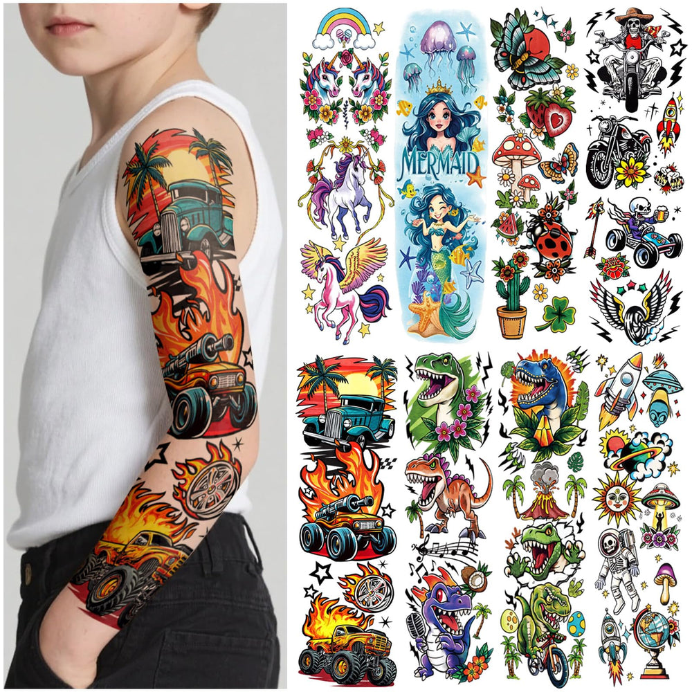SOOVSY 52pcs full-arm sleeve mermaid unicorn tattoos for kids, vibrant designs for parties.