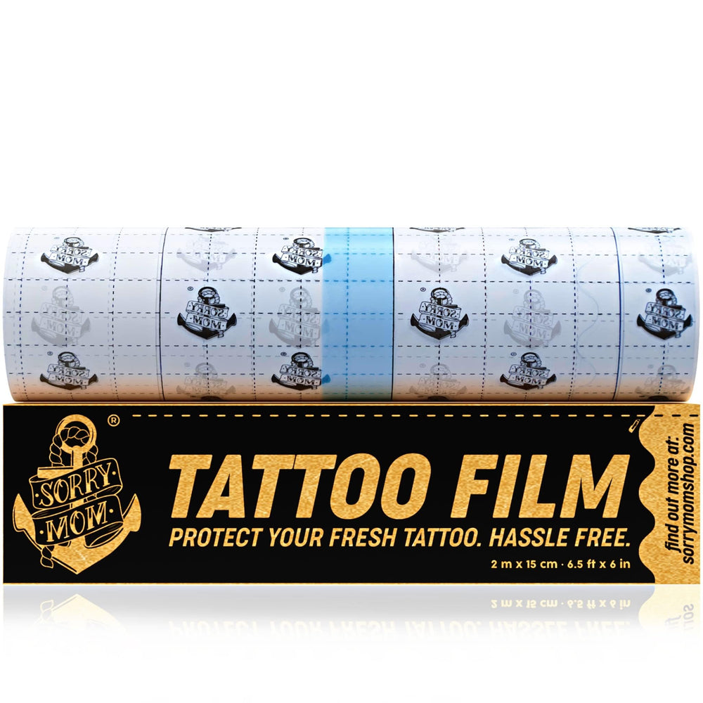 Sorry Mom tattoo aftercare bandage in clear film protects new ink while remaining discreet.