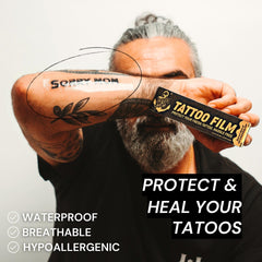 Sorry Mom waterproof breathable tattoo wrap shields ink during showers and workouts.