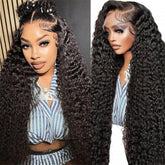 SOSATISFY 28 inch deep wave wig front view, natural movement and volume.