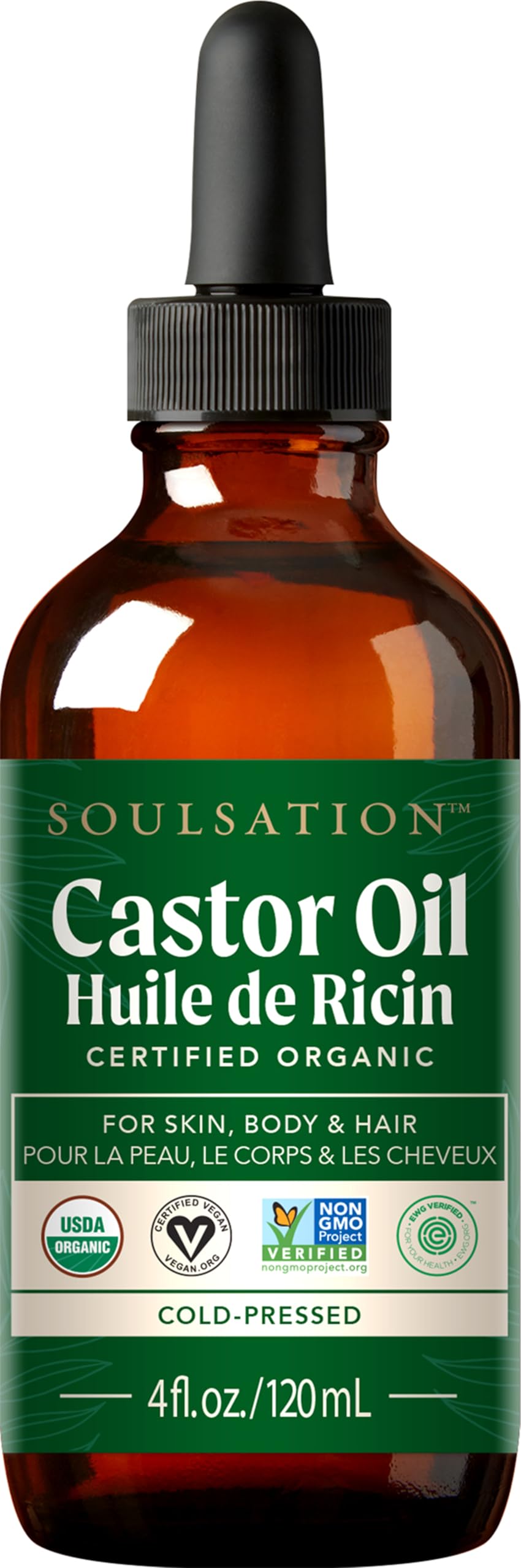 SOULSATION Castor Oil bottle for easy, precise lash and skin care.