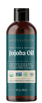 SOULSATION Organic Jojoba Oil bottle ready for skin hydration and hair care