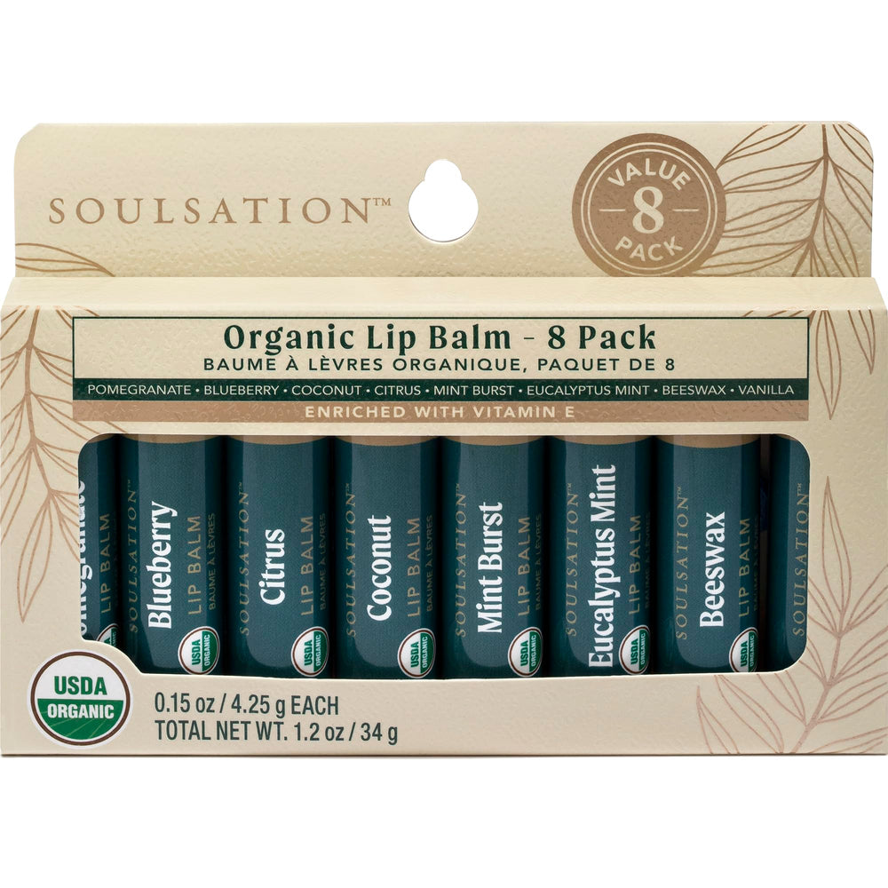 SOULSATION organic lip balm set in eight flavors shown in a compact packaging.