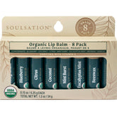 SOULSATION organic lip balm set in eight flavors shown in a compact packaging.