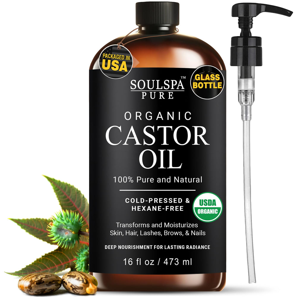 SoulSpa Pure castor oil bottle, amber glass, for easy dispensing