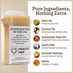Southern Natural colloidal oatmeal honey soap shows visible oats, gentle daily nourishing cleanse.