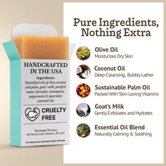 Southern Natural Goat Milk Soap 3-Pack ingredients highlight oil blend for nourished skin.
