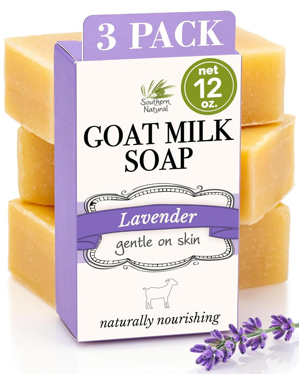 Southern Natural Lavender Goat Milk Soap 3 Pack for dry, sensitive skin promotes gentle cleansing