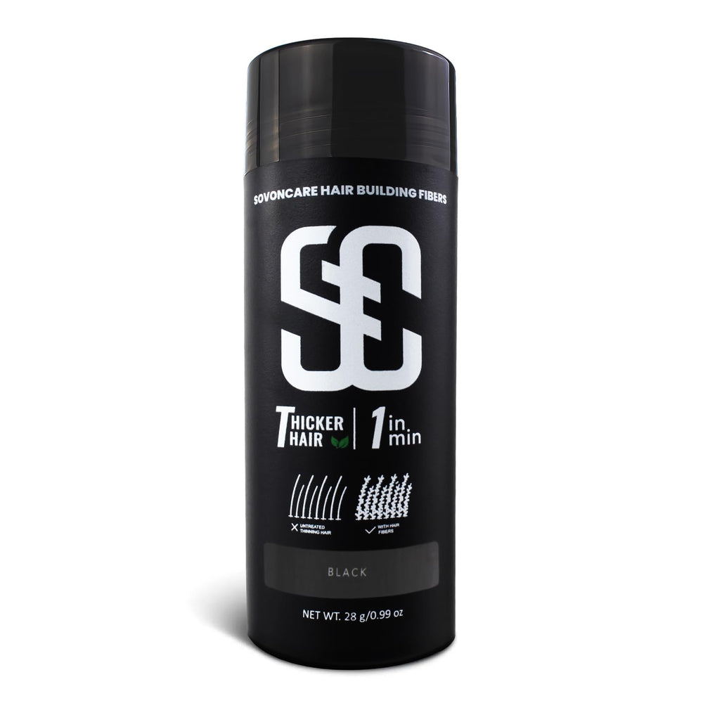 SOVONCARE hair fibers on thinning area for natural-looking fullness.