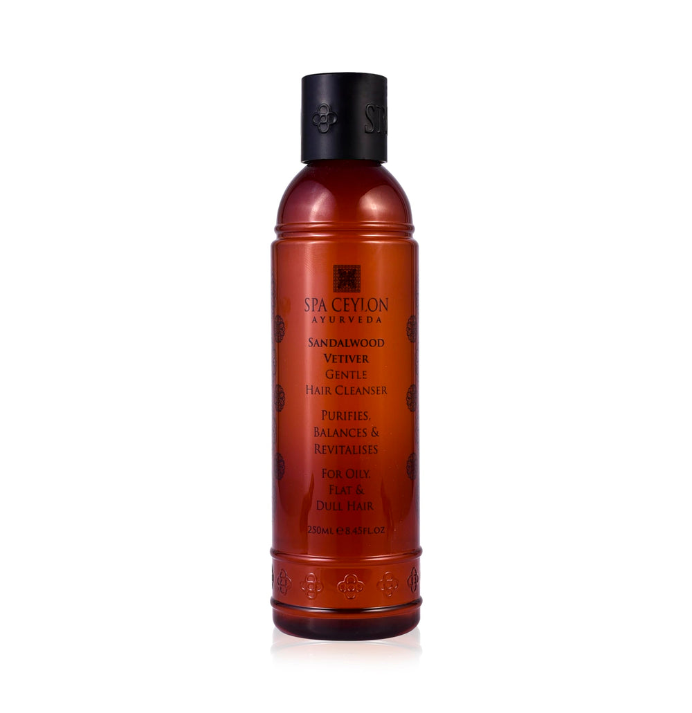 SPA CEYLON Sandalwood Vetiver Gentle Cleanser bottle pour promotes balanced scalp and gentle shine.