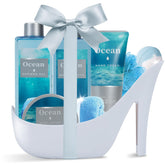 Spa Luxetique Ocean Breeze high heel gift set displayed in aqua-blue container for gifting.