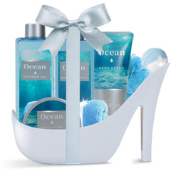 Spa Luxetique Ocean Breeze high heel gift set displayed in aqua-blue container for gifting.