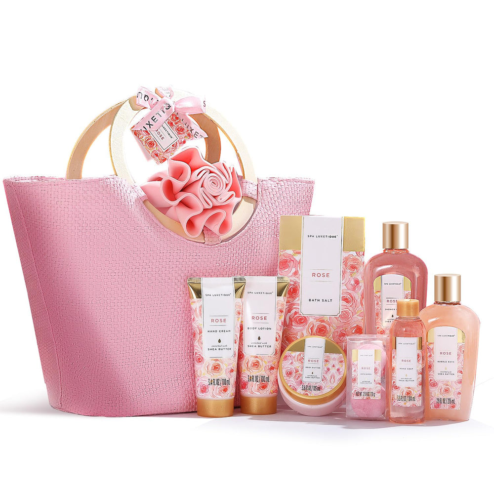 Spa Luxetique rose gift set box closeup for gifting and home spa rituals