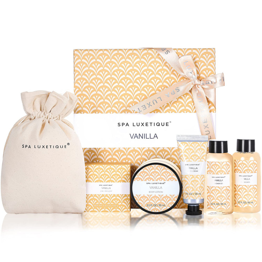Spa Luxetique vanilla bath set bar soap close-up for cleansing and soothing aroma.