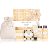 Spa Luxetique vanilla bath set bar soap close-up for cleansing and soothing aroma.