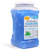 SPA REDI sugar scrub bottle pours for refreshing exfoliation using mint eucalyptus scent