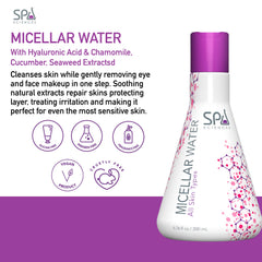 SPA SCIENCES Micellar Water ingredients: chamomile, cucumber, seaweed boost hydration.