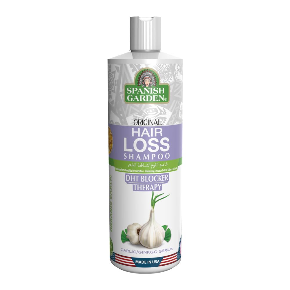 Spanish Garden Hair Loss Shampoo bottle shows a nourishing, gentle cleansing formula