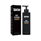 Spartan Root Activator Shampoo bottle highlights a natural formula for vibrant gray hair.