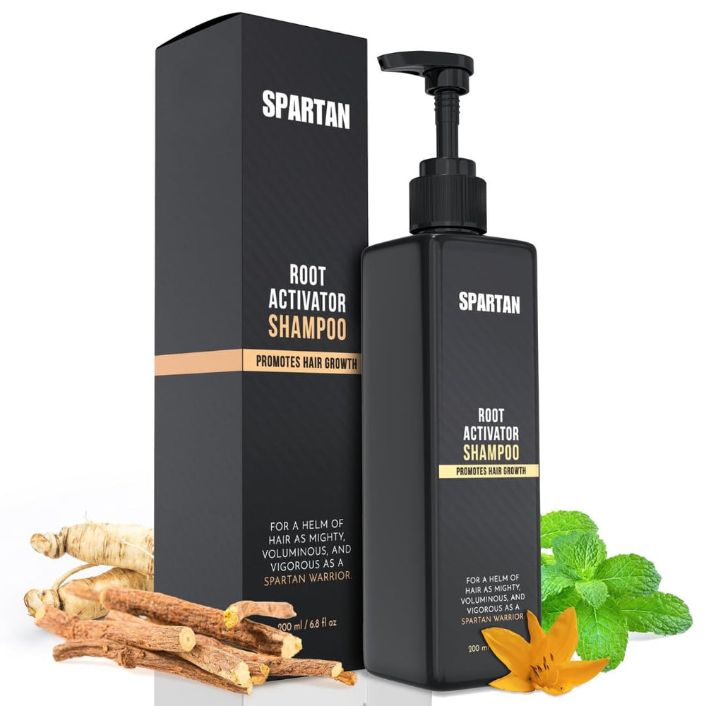 SPARTAN Root Activator Shampoo bottle shows plant-based formula for scalp nourishment.