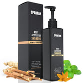 SPARTAN Root Activator Shampoo bottle shows plant-based formula for scalp nourishment.