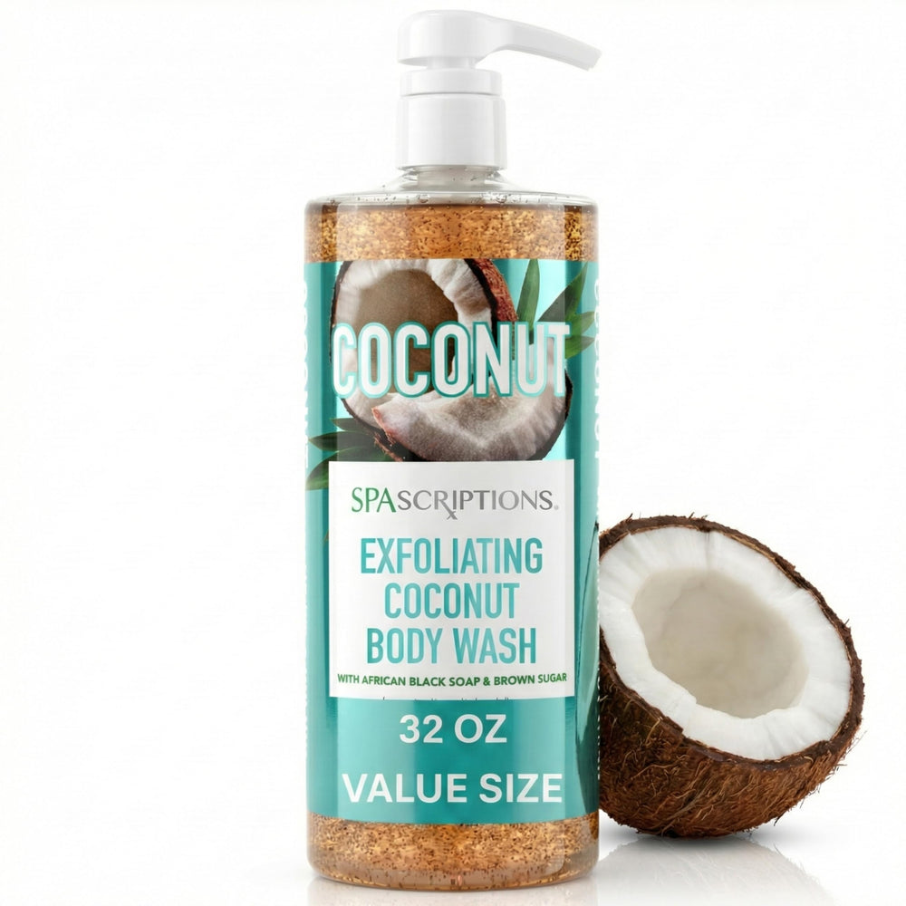 SpaScriptions exfoliating coconut body wash bottle pour showing a refreshing cleanse