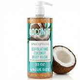 SpaScriptions exfoliating coconut body wash bottle pour showing a refreshing cleanse