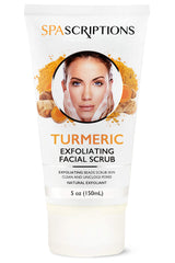 SpaScriptions Turmeric Exfoliating Scrub jar close-up shows deep cleansing action.