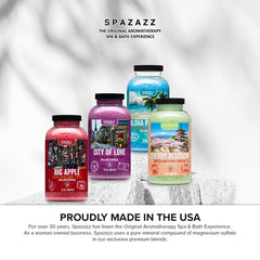 Spazazz Destinations Big Apple jar closeup highlights long-lasting fragrance for spa moments.