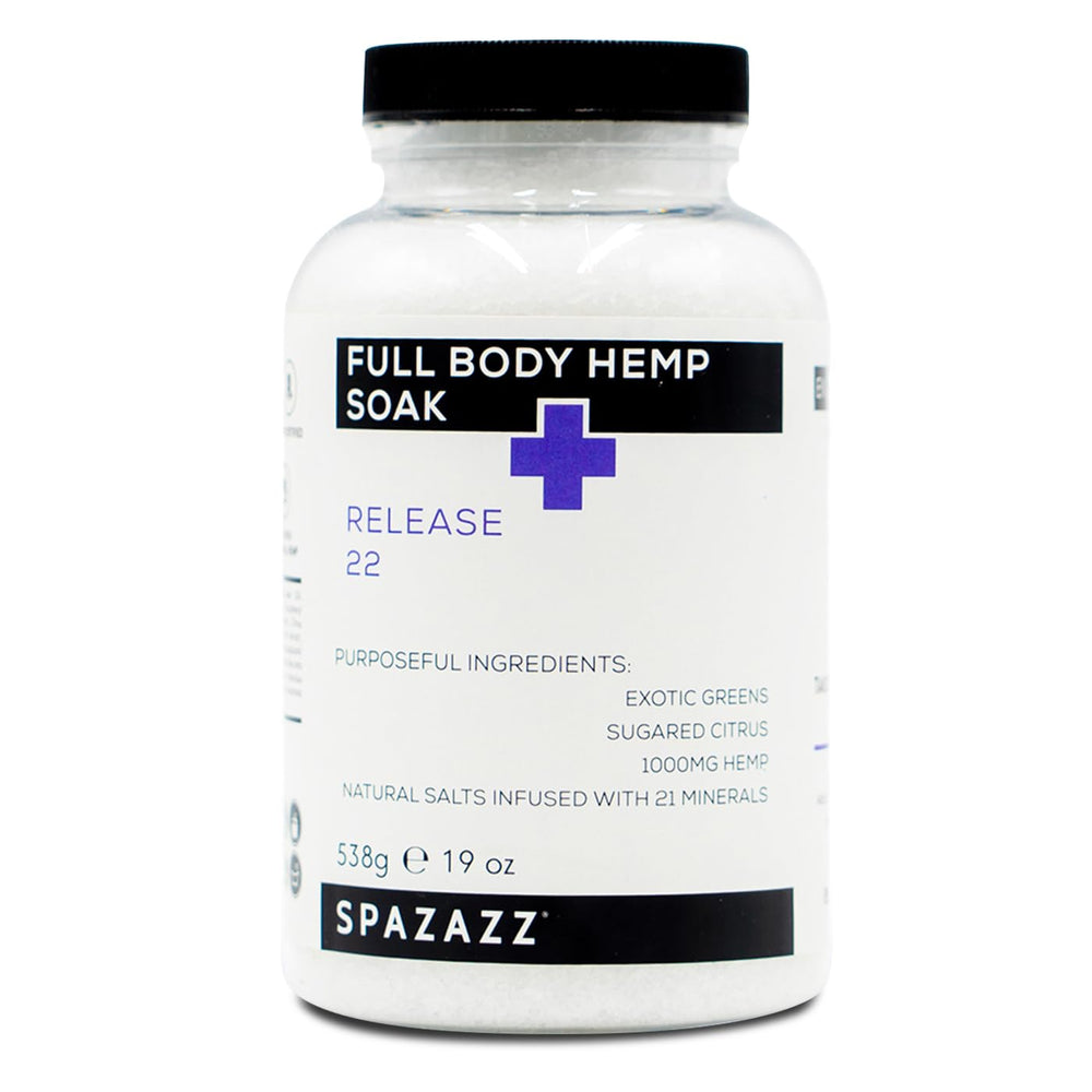 Spazazz Full Body Hemp Soak bottle closeup — spa-like relaxation at home.