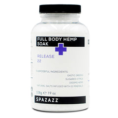 Spazazz Full Body Hemp Soak bottle closeup — spa-like relaxation at home.