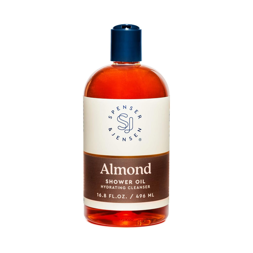 Spenser & Jensen Hydrating Almond Shower Oil bottle showing luxurious hydration and cleansing