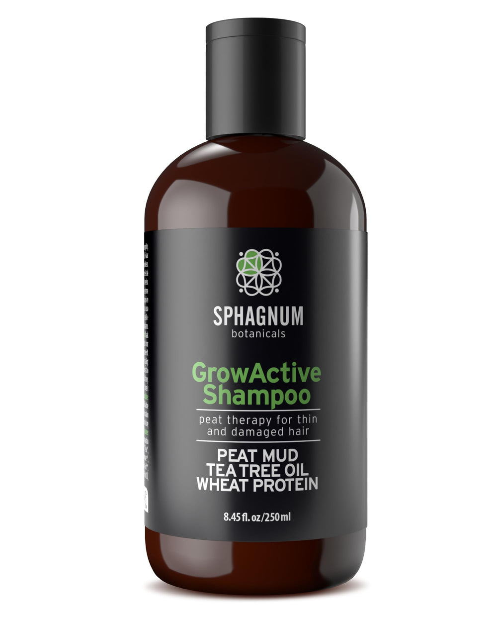 Sphagnum Botanicals Hair Growth Shampoo bottle demonstrates mineral-rich peat for scalp balance.