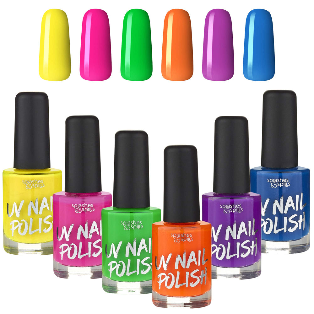 Splashes & Spills UV Glow Nail Polish bottle shows dramatic UV-ready color.