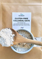 Splendor Santa Barbara colloidal oatmeal bag, gluten-free powder ideal for bath soaks and DIY masks.