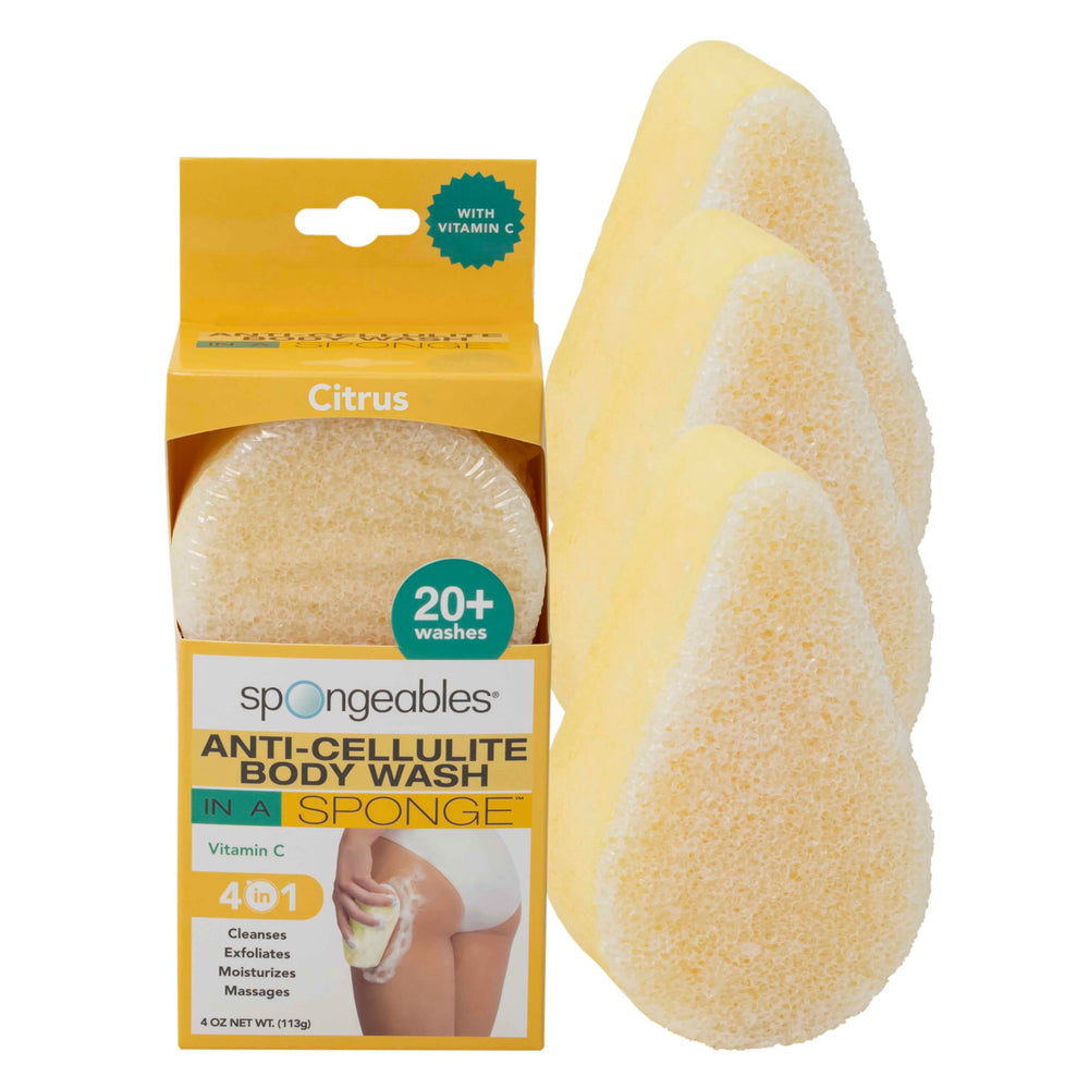 Spongeables Citrus dual-textured sponge ready for cellulite treatment and cleansing.