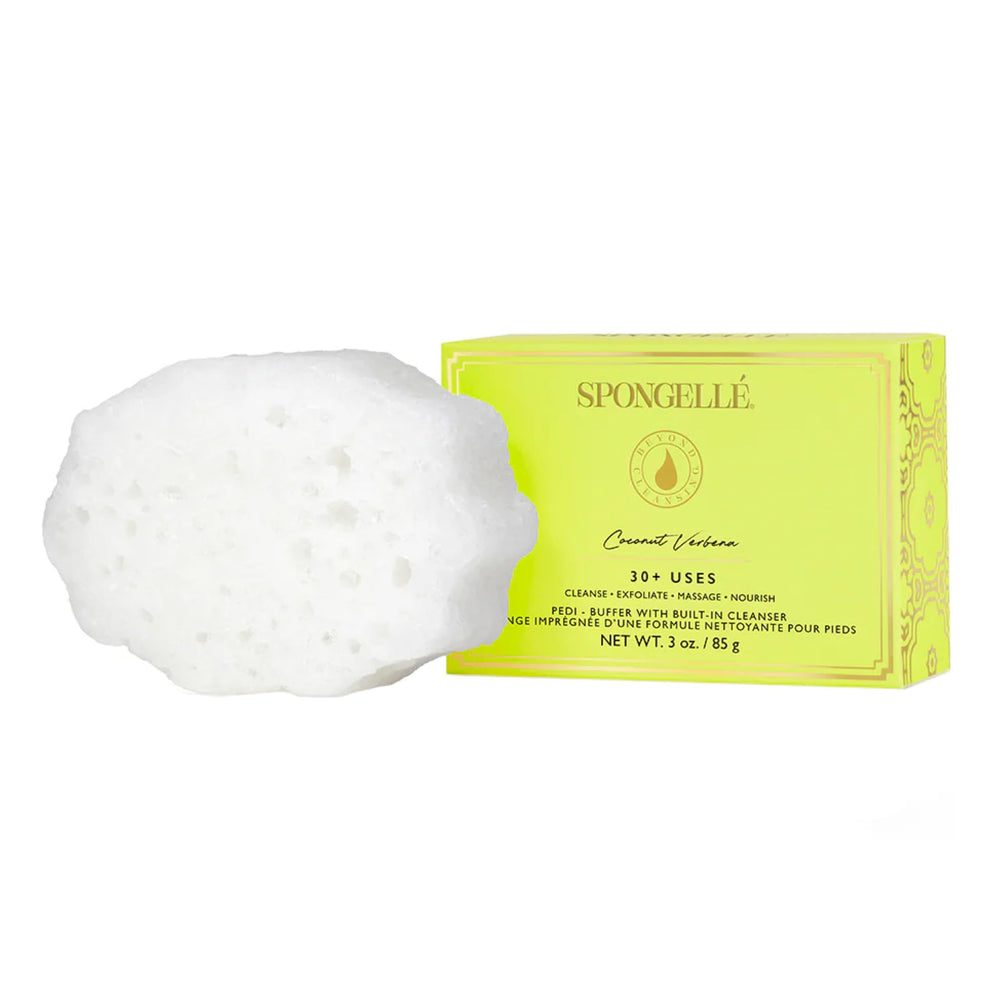 SPONGELLÉ Coconut Verbena Pedi-Buffer shown with built-in cleanser for smooth feet.
