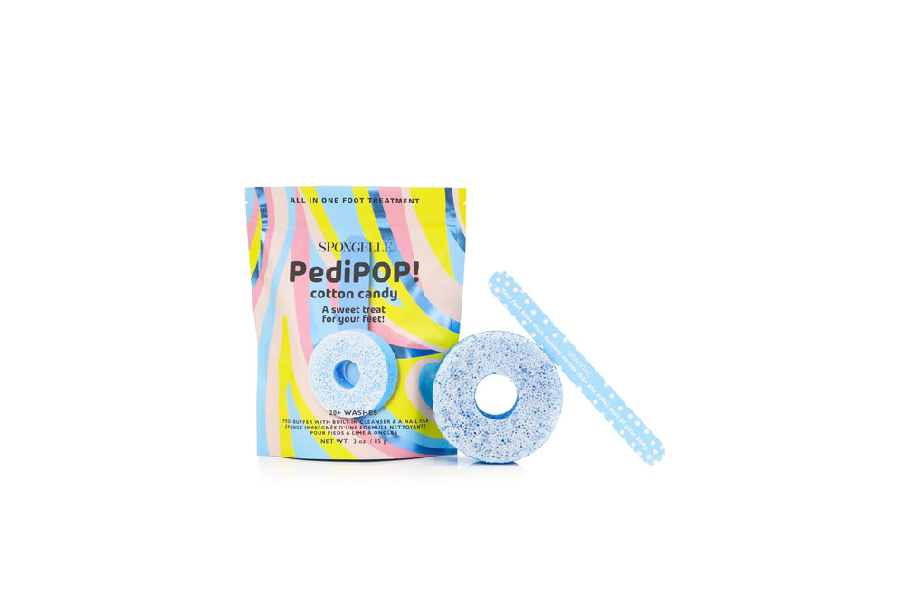 Spongellé Cotton Candy PediPOP buffer for gentle exfoliation and smooth heels.