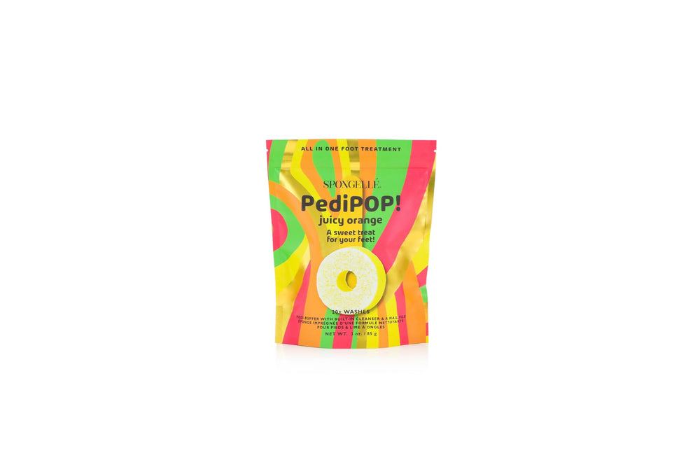 SPONGELLÉ Juicy Orange Pedi Buffer close-up for smooth, exfoliated feet.