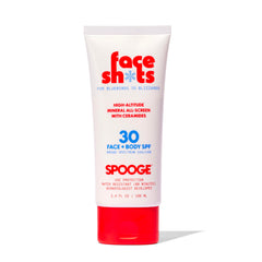 SPOOGE Face Shots bottle front view, mountain-ready mineral sunscreen.