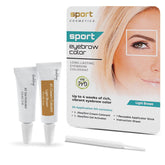 Sport Cosmetics light brown eyebrow color packaging with a 20-application kit for long-lasting brows