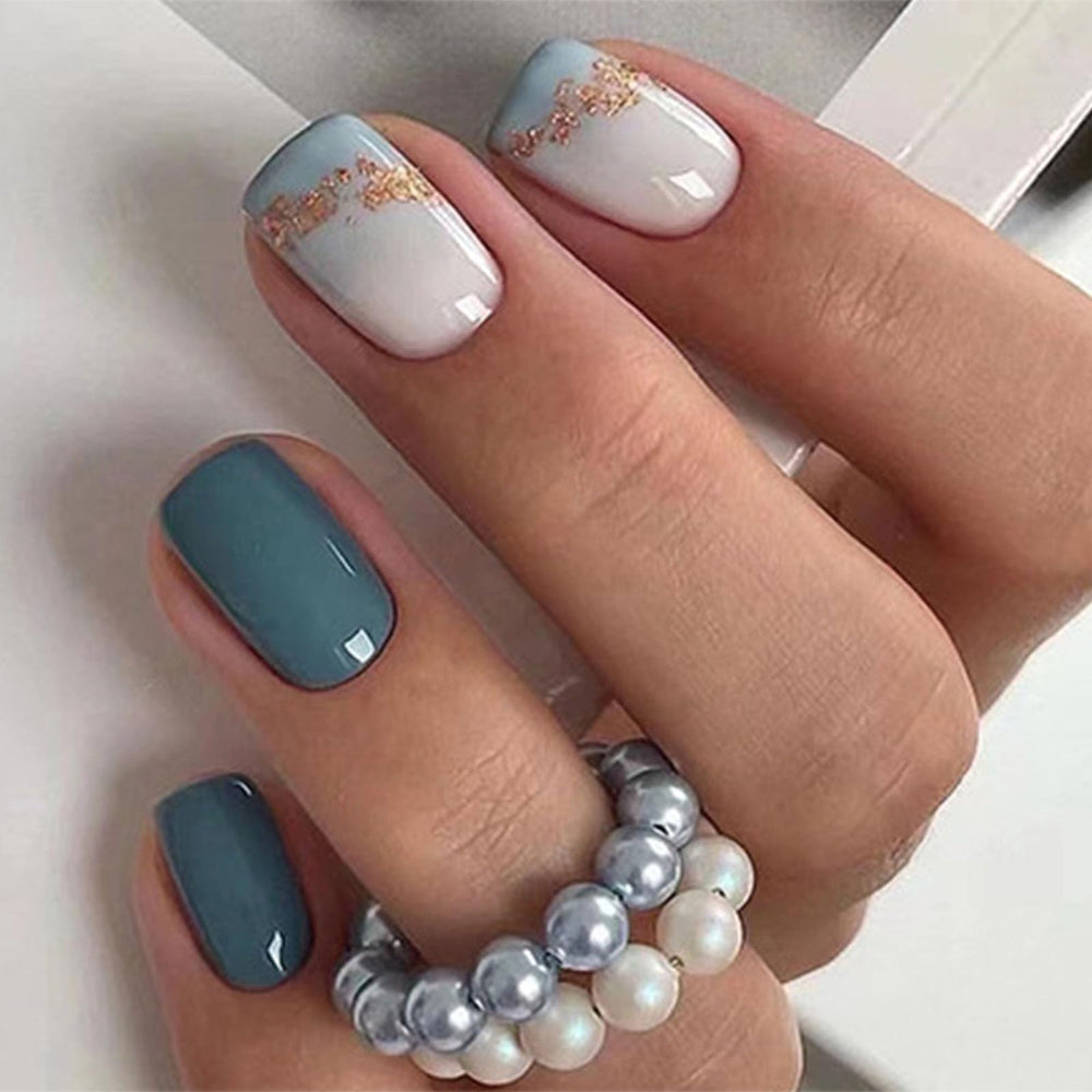 SRIMNUYY square press-on nails in sea blue with a glossy finish for chic style.
