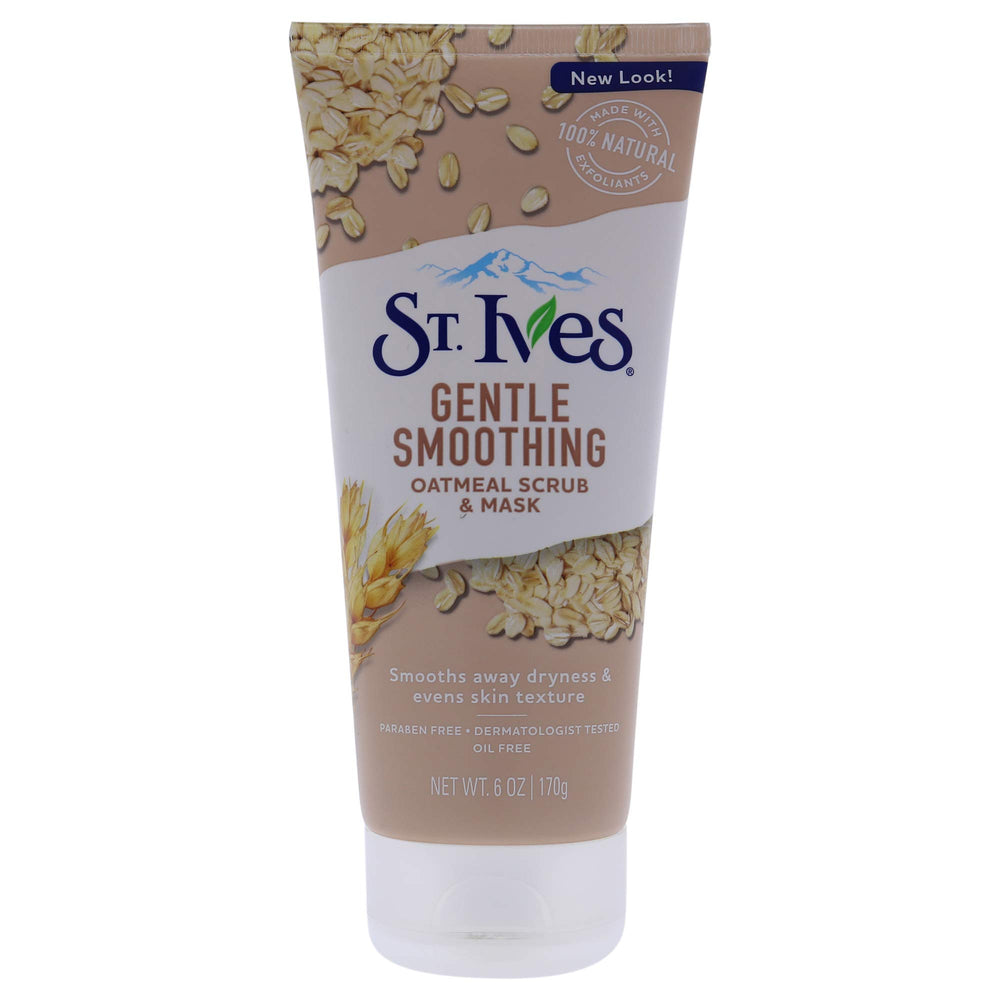St. Ives Gentle Smoothing Oatmeal Scrub jar shows natural exfoliants for smoother skin.